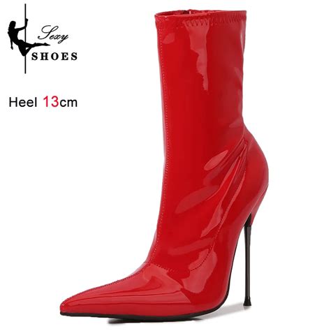 Sexy Trend Pointy Toe Patent Leather Ankle Boots 13cm Ultra Thin Steel High Heel Short Boots