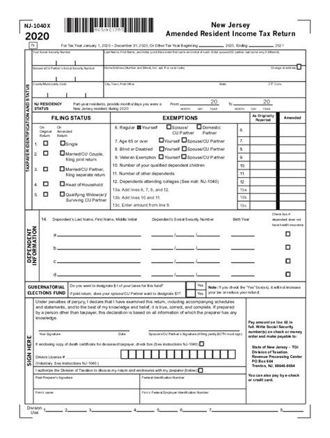 New Jersey Amended Resident Income Tax Return Form Nj 1040x New Jersey