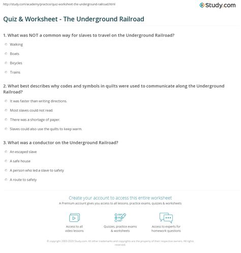 Quiz And Worksheet The Underground Railroad