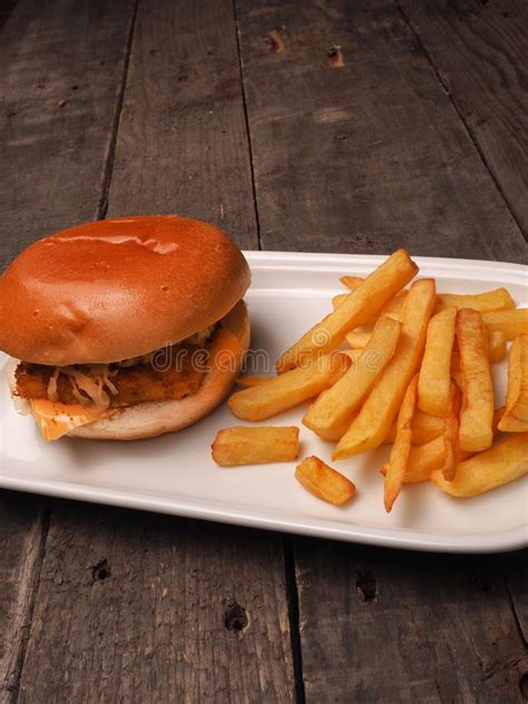 Fish Burger With French Fries Stock Photo Image Of Frites Classic