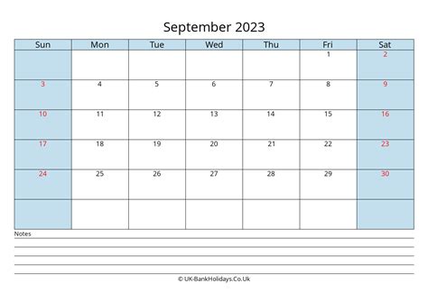 September 2023 Calendar Printable With Bank Holidays Uk