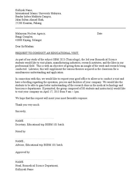 The research conducted by the distinguished faculty in the department of cell and molecular biology is unique to just a few places in the world and has been hi, bro m. permission letter to visit company.doc