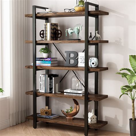 5 Tier Industrial Style Solid Wood Bookcase And Book Shelvesrustic