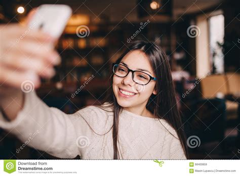 Girl Making Photo Selfie Hipster Glasses In Cafe Stock Image Image Of Female Selfportrait