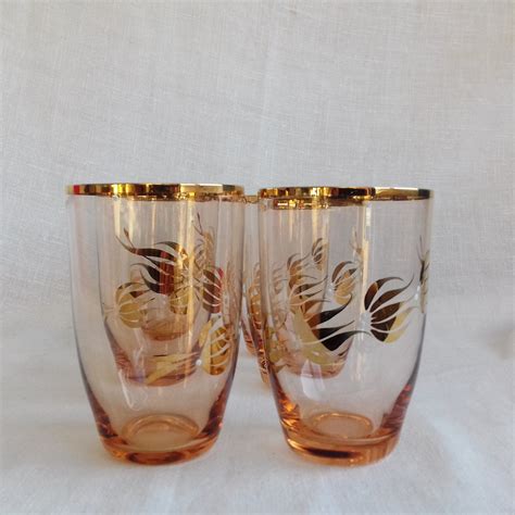 set of 6 beautiful 1950 s gilded drinking glasses vintage finds vintage items peach colors