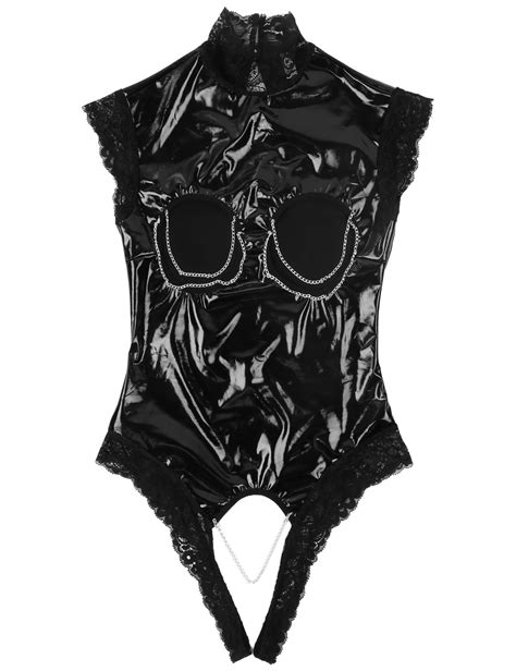 Erotic Fetish Body Suit Sexy Cupless Crotchless Teddy Lingerie Femme Black Wetlook Pvc Latex