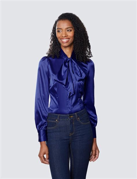 Womens Royal Blue Fitted Luxury Satin Blouse Pussy Bow Hawes And Curtis