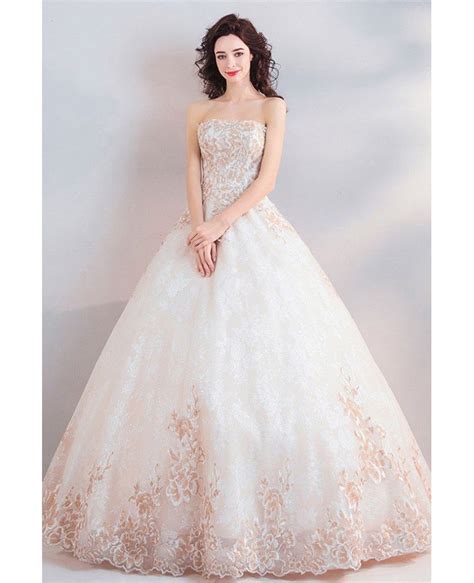 Dreamy Floral Embroidery Beige Ball Gown Wedding Dress Strapless