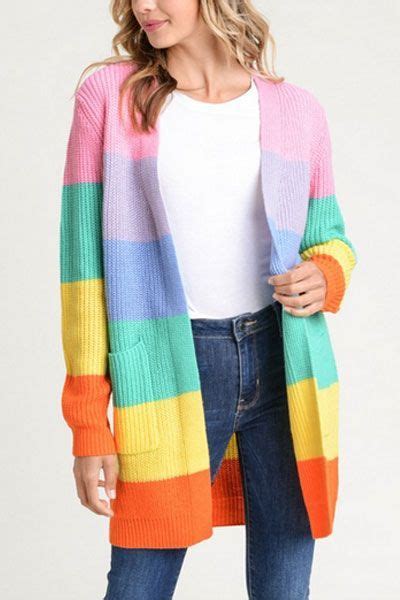 Colorful Rainbow Striped Knit Cardigan With Pockets Pastel Rainbow