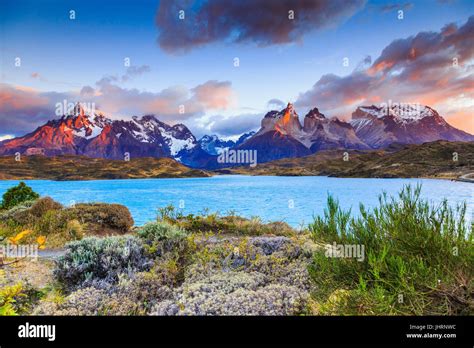 Torres Del Paine National Park Chile Sunrise At The Pehoe Lake Stock