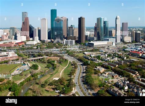 Aerial Of The Houston Skyline With The Buffalo Bayou Park Fourth Stock