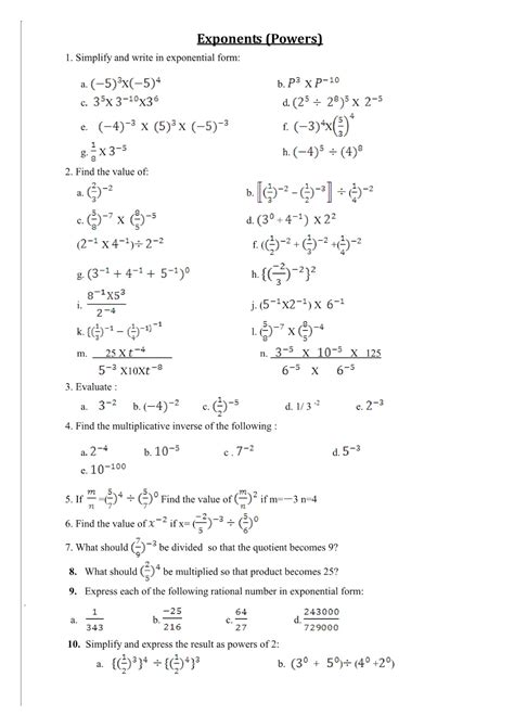 Power And Exponents Worksheets