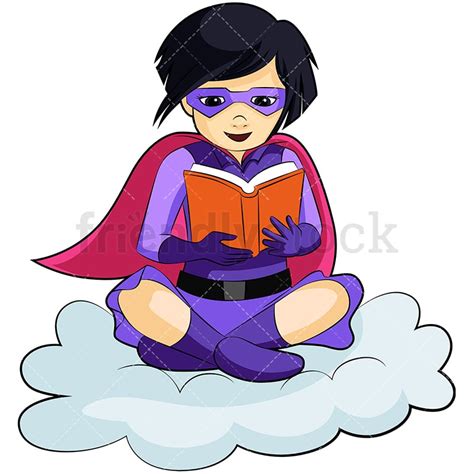Asian Girl Superhero Reading Book Cartoon Vector Clipart Friendlystock