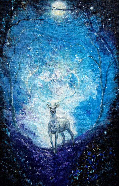 White Deer In Magic Forest Mix Media On Canvas By Nataliatanarts On