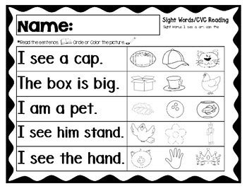 Below are pictures that show examples of the. Kinder Word Work: CVC Word Reading, Simple Sentences by TeacherWhoLovesJesus