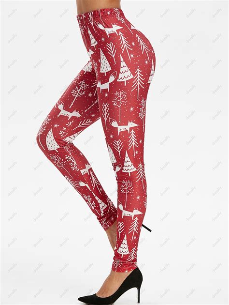31 Off 2021 Christmas Snowflake Tree Print Leggings In Red Dresslily