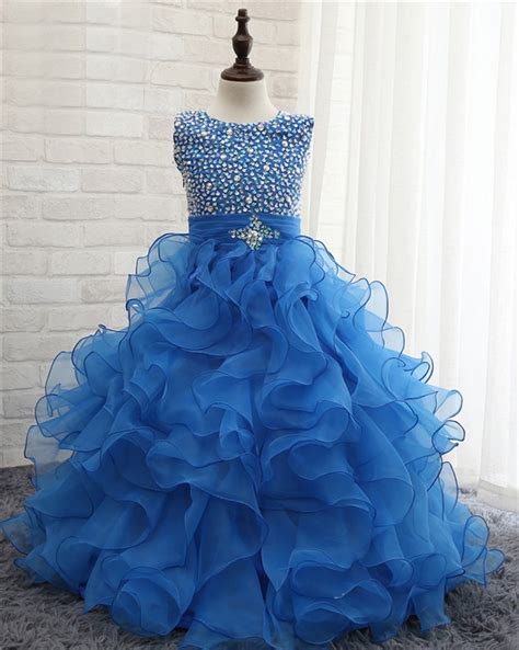 Ball Gown Round Neck Royal Blue Organza Ruffle Beaded Girl Prom Dress