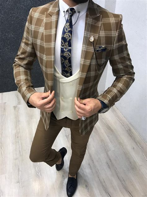 Buy Coffee Slim Fit Plaid Suit By With Free Shipping