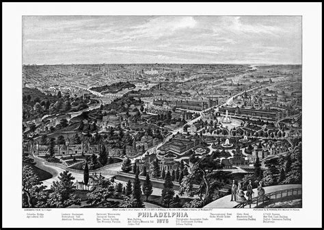 Philadelphia Pennsylvania Vintage Map Birds Eye View 1876 Black And