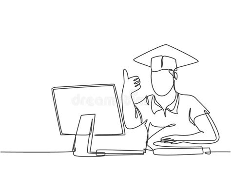 One Line Drawing Of Young Happy Male College Student Studying In Front