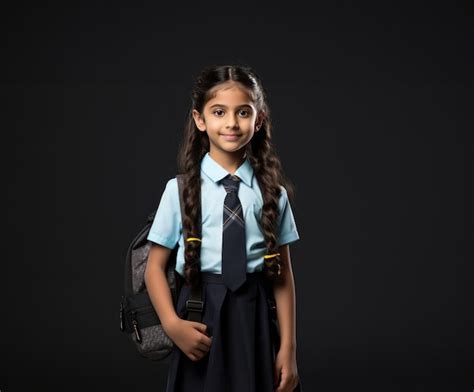 Premium Ai Image Cute Little Indian Schoolgirl In Uniform Looking At Camera With Backpack