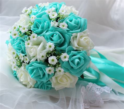 Turquoise Green Ivory Wedding Bouquet Turquoise Flowers