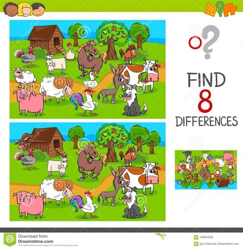 Find Differences With Farm Animal Characters Stock Vector