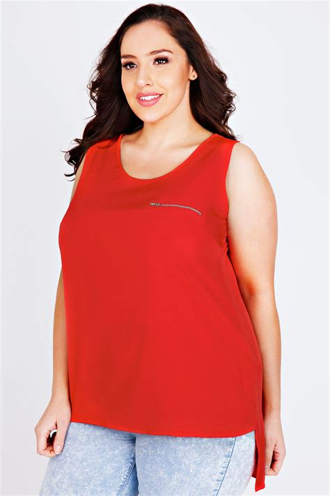 Red Sleeveless Dipped Hem Top With Zip Pocket Detail Plus Size