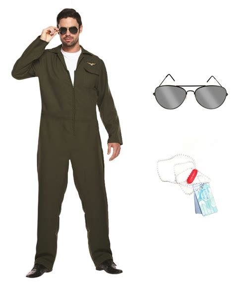 Mens Aviator Costume Fighter Pilot Gun Suit Top Uniform 80s Fancy Dress