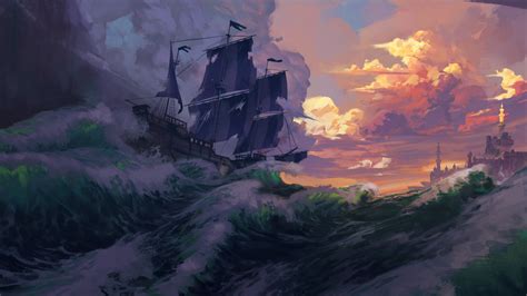 Sailing Ship Painting Fantasy Design Wallpaper 1920x1