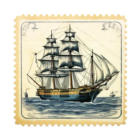 Vintage Sailing Ship Stamp Illustration In Dark Yellow And Light Blue