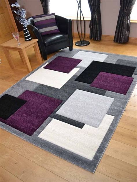 Tempo Modern Purple Silver Squared Rug Living Room Grey Living Room