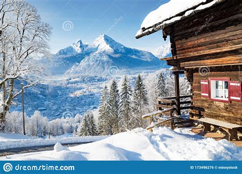 Rustic Mountain Cabin In The Alps In Winter Stock Photo Image Of Background Sunny 173496276