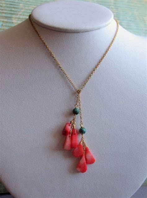 Coral And Turquoise Lariat Necklace On 14k Gold Fill Chain Etsy