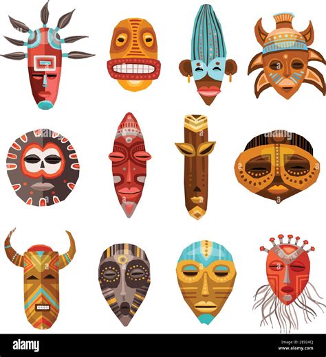 Flat Set Of Colorful African Ethnic Tribal Ritual Masks Of Different Shape Isolated On White