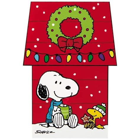Features snoopy and christmas lights decorated dog house with snowflakes graphic print on the front. Snoopy | Snoopy dog house, Snoopy, Snoopy christmas
