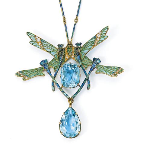 Lalique 1903 Quatre Libel Lules Pendant Necklace Gold Aquamarine