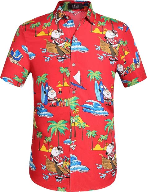 SSLR Mens Christmas Hawaiian Shirts Santa Claus Party Tropical Shirts Button Down Short Sleeve