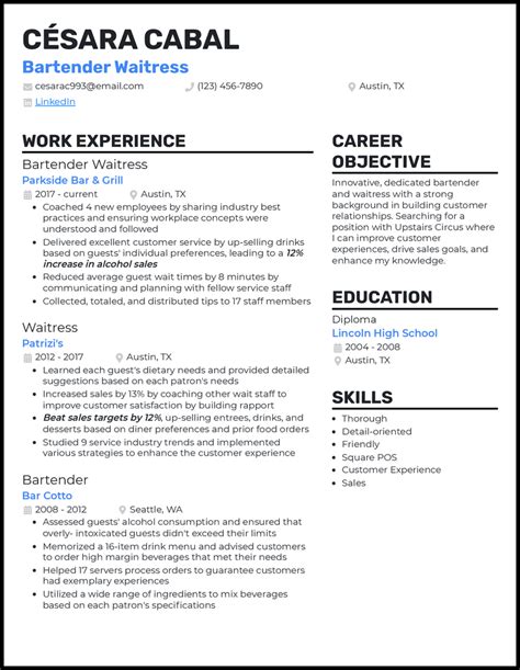 Bartender Waitress Resume Examples That Work In