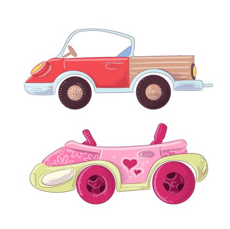 Set of cute cartoon truck and cabriolet for kids illustration. Vector in hand drawing style ...
