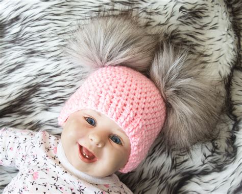 Pink Baby Girl Fur Double Pom Pom Beanie Pom Pom Hat Newborn Girl Hat