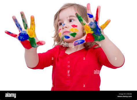 Close Up Cute Little Blond Girl Showing Her Two Hands With Colorful Paints Isolated On White