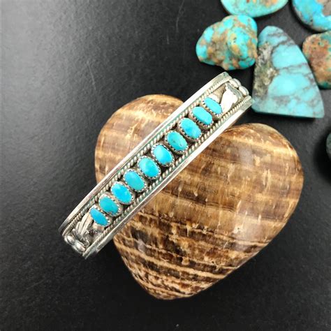 Zuni Silver Cuff Bracelet Row Petit Point Turquoise Vintage Native