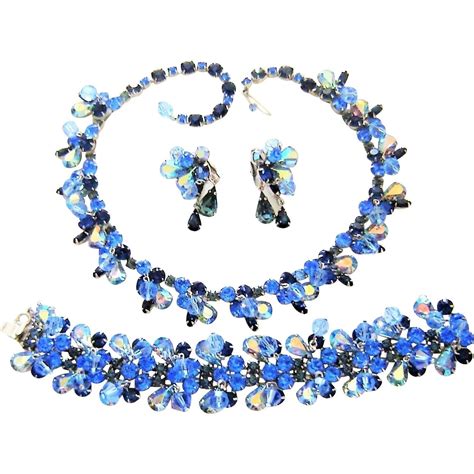 Vintage Kramer Necklace Bracelet Earrings Blue Rhinestone Crystal