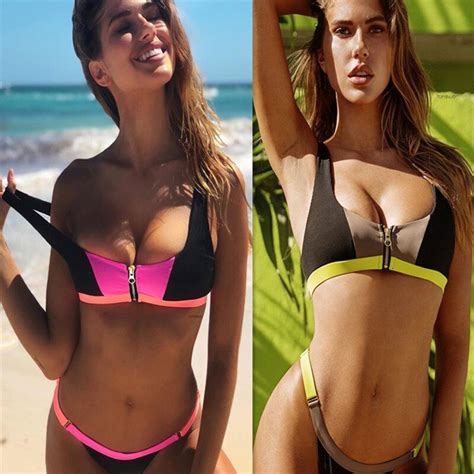 2018 New Patchwork Bikinis Set Summer Beach Swimsuit Sexy Low Cut Zipper Bikini Push Up Bathing