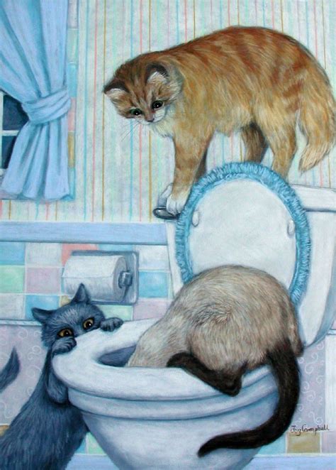 Cats Kittens Bathroom Trouble Aceo Print From Original Oil By Joy