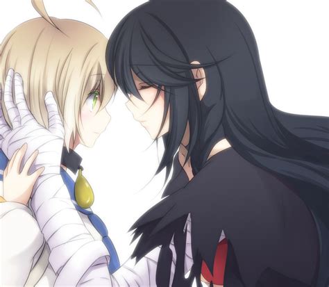 Two Anime Characters Kissing Each Other With Long Black Hair And Green