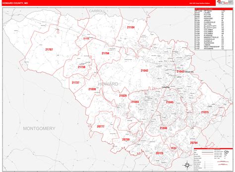 Howard County Md Zip Code Wall Map Red Line Style By Marketmaps