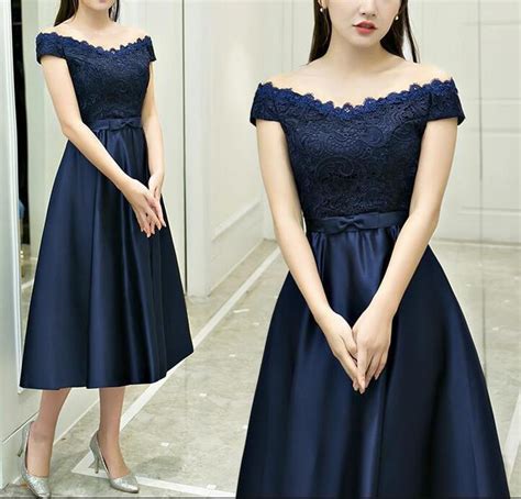 Beautiful Navy Blue Satin Tea Length Elegant By Dresses On Zibbet