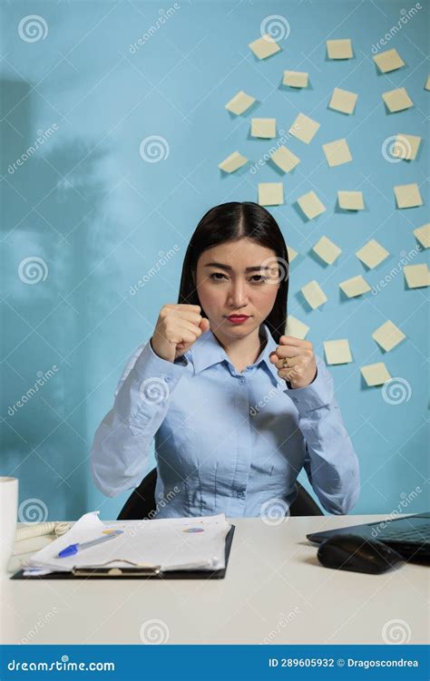 Businesswoman Clenching Fists In Front Of Camera Stock Photo Image Of